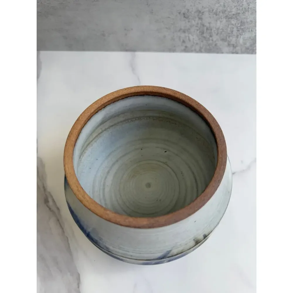 Studio Art Pottery Lidded Jar Speckled Gray & Blue Glaze Handled Ceramic Vessel